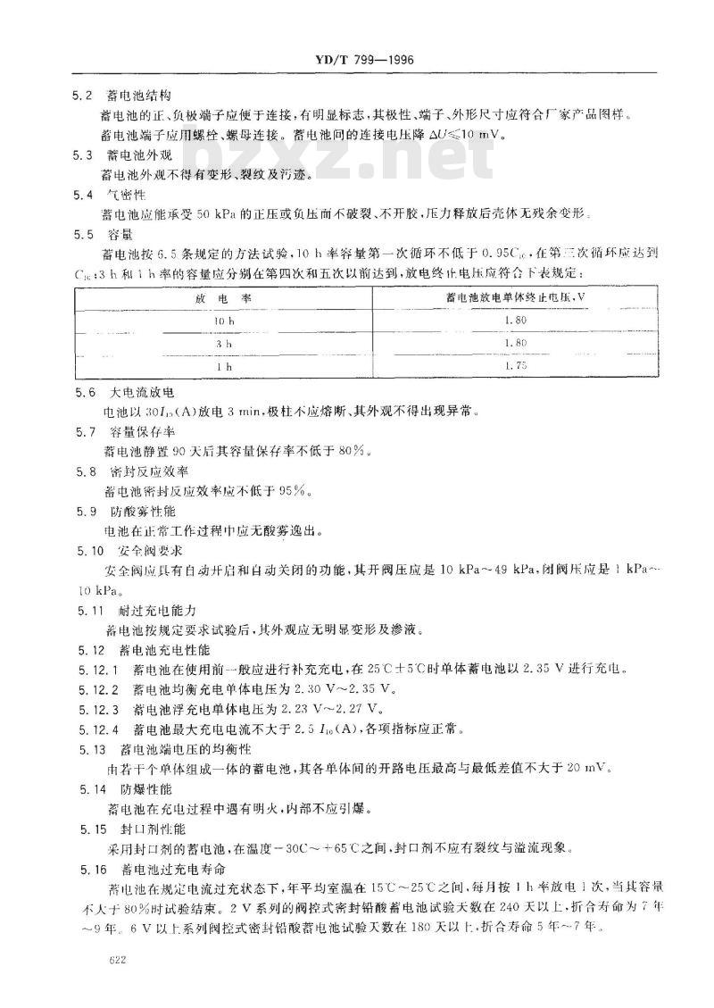 YD/T 799-1996 通信用阀控式密封铅酸蓄电池技术要求和检测方法