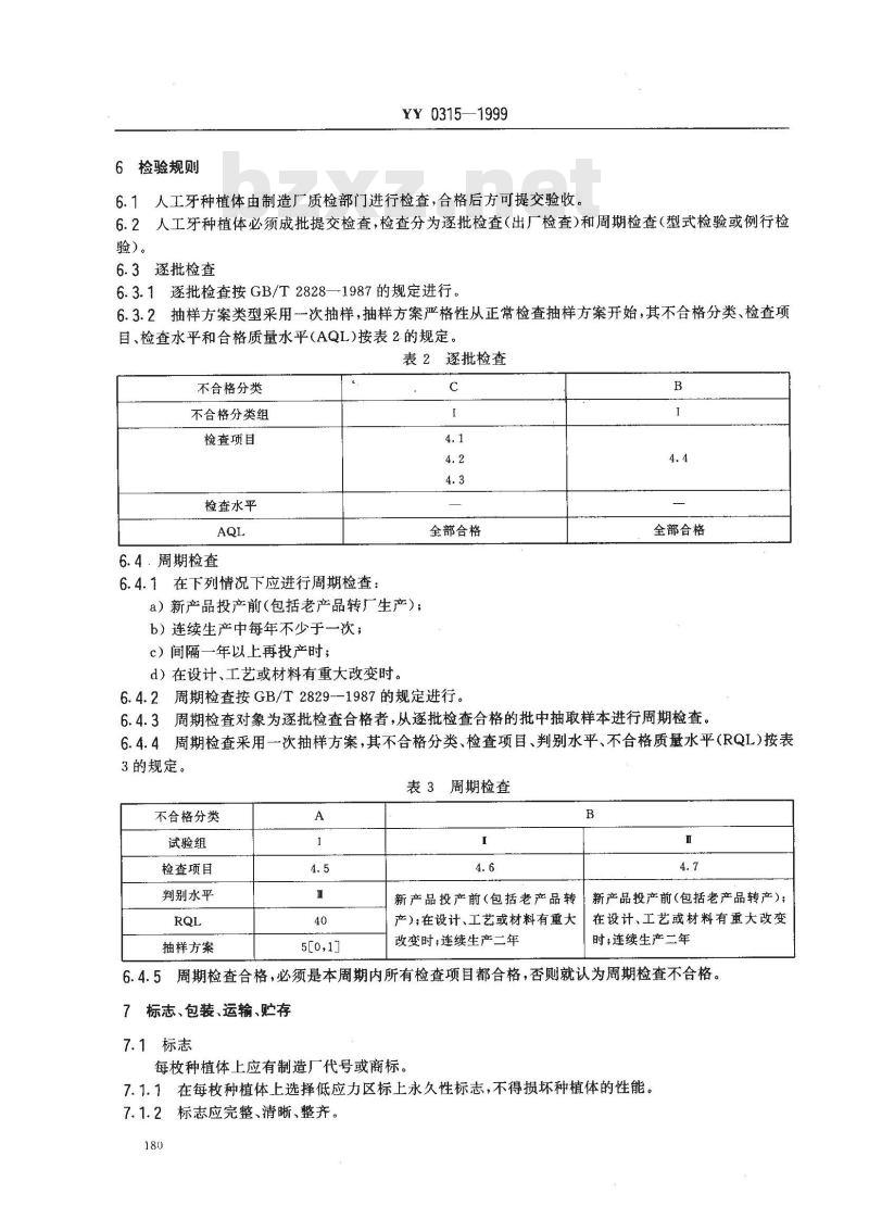 YY 0315-1999 纯钛人工牙种植体