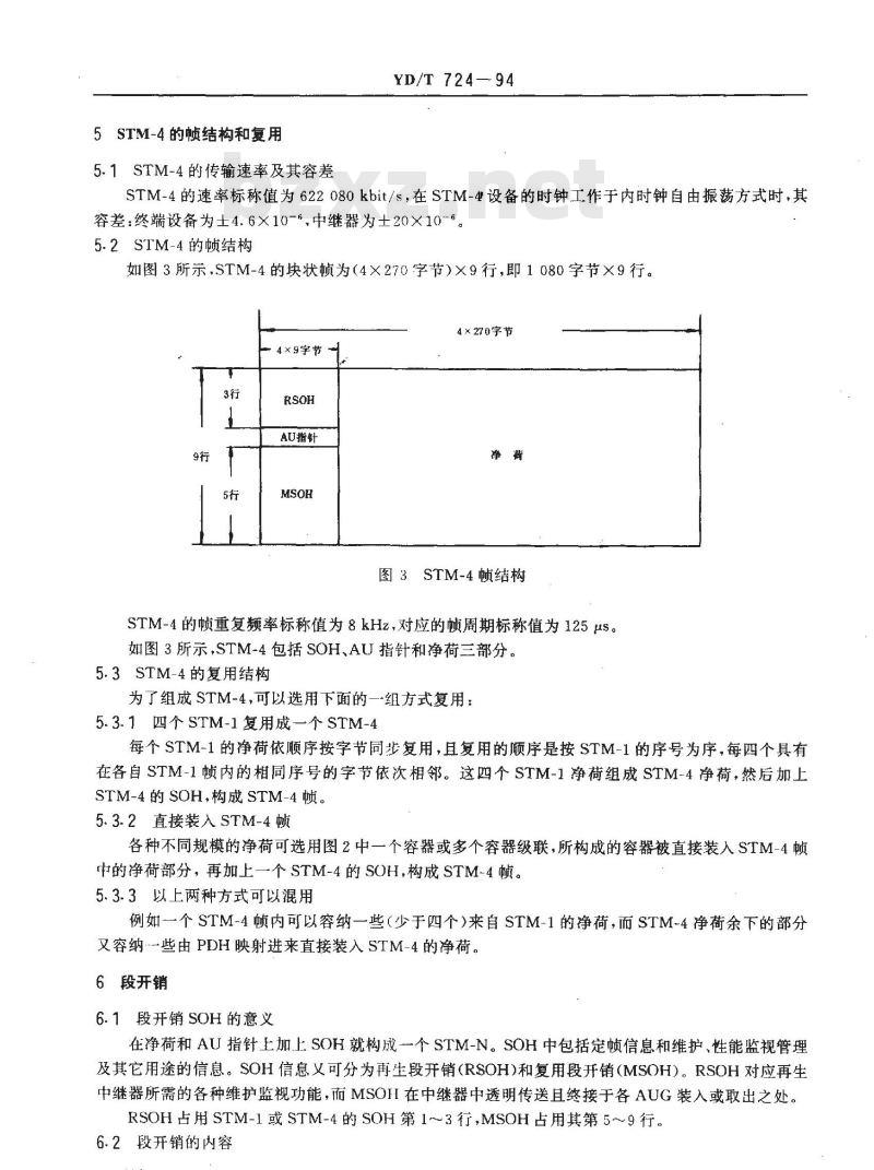 YD/T 724-1994 同步传送模块STM-1,STM-4的帧结构和复用方法