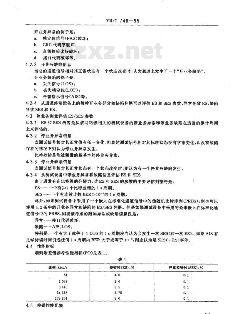 YD/T 748-1995 PDH数字通道差错性能的维护限值