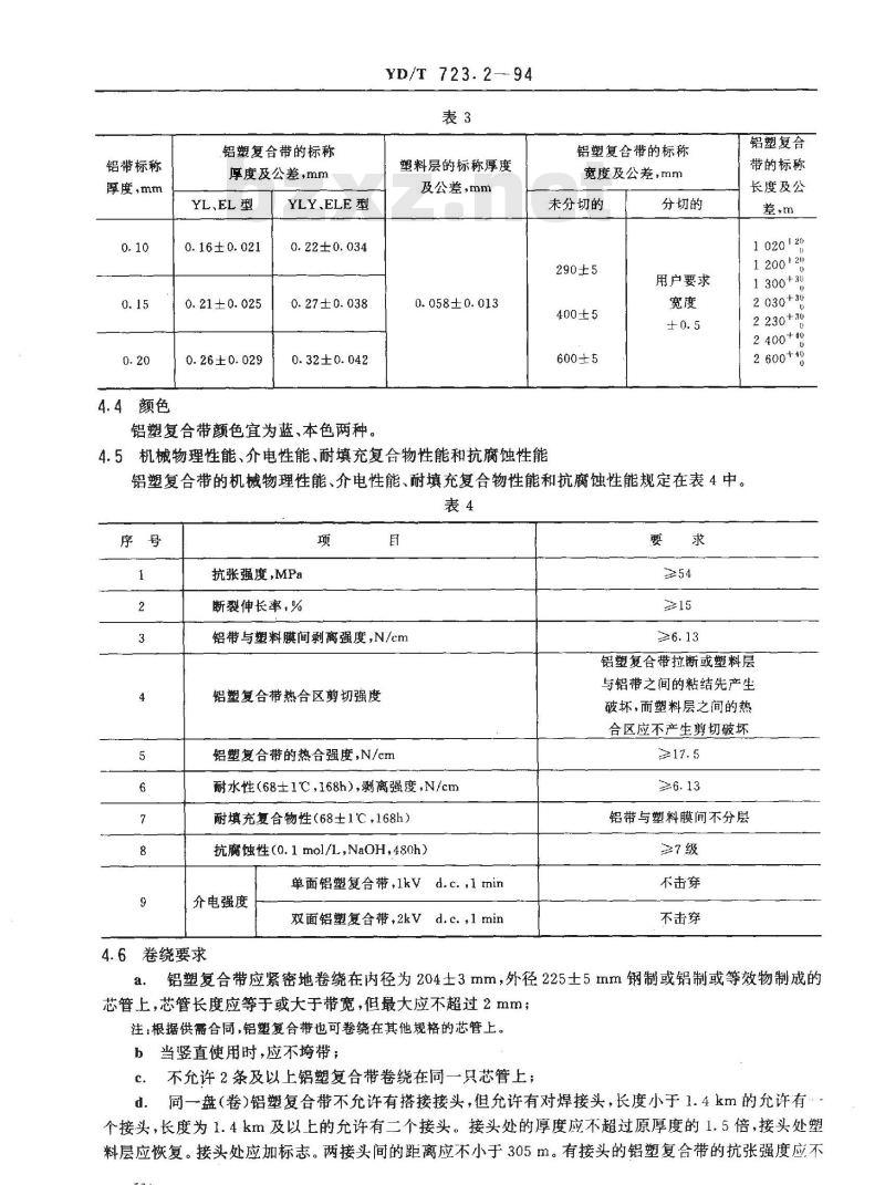 YD/T 723.2-1994 通信电缆光缆用金属塑料复合带 第2部分: 铝塑复合带