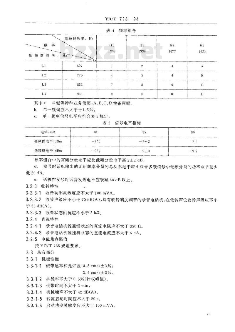 YD/T 718-1994 录音电话机技术要求及测量方?