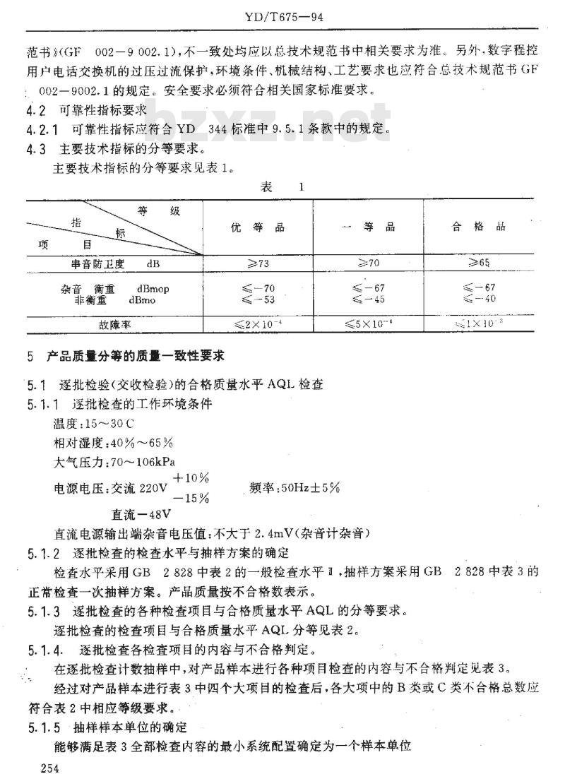 YD/T 675-1994 数字程控用户电话交换机质量分等标准