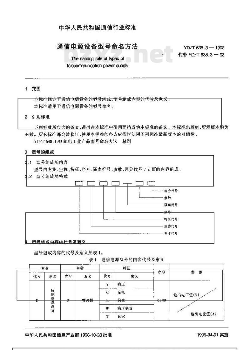 YD/T 638.3-1998 通信电源设备型号命名方法