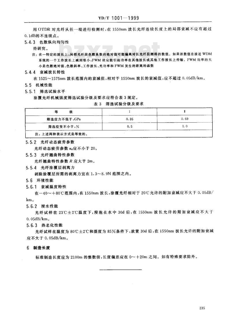 YD/T 1001-1999 非零色散位移单模光纤特性