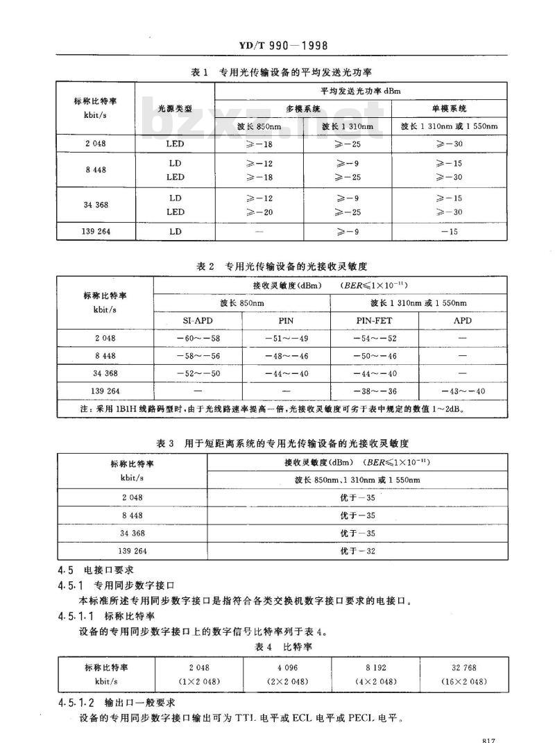 YD/T 990-1998 交换机与远端模块间专用光传输设备技术条件