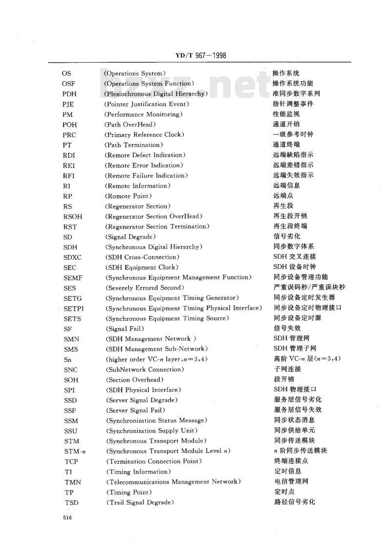 YD/T 967-1998 同步数字体系(SDH)网络和设备术语