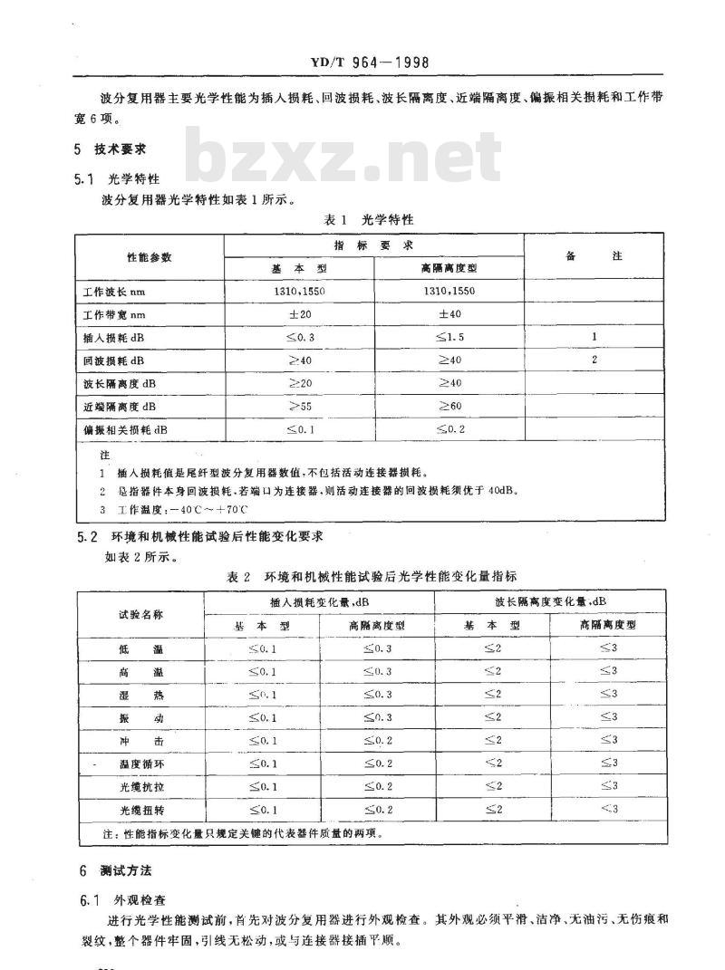 YD/T 964-1998 1310nm/1550nm 波分复用器技术要求和测试方法