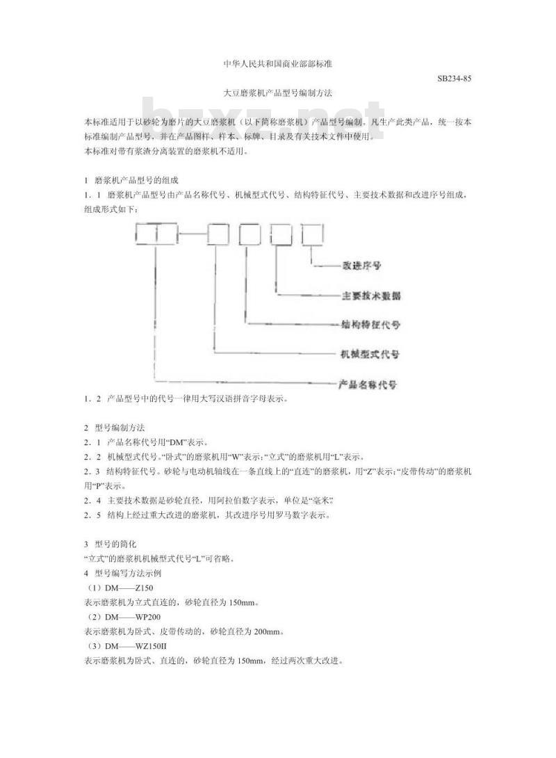 SB 234-1985 大豆磨浆机产品型号编制方法