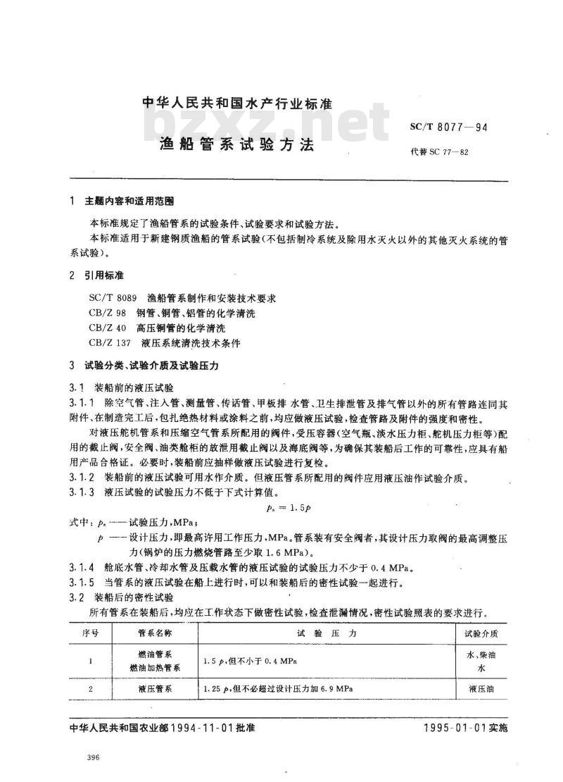 SC/T 8077-1994 渔船管系试验方法