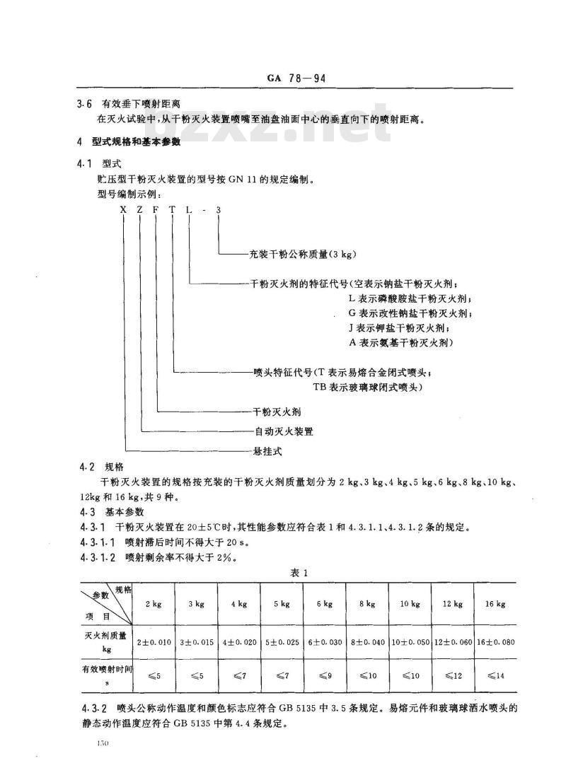 GA 78-1994 悬挂式自动干粉灭火装置性能要求和试验方法