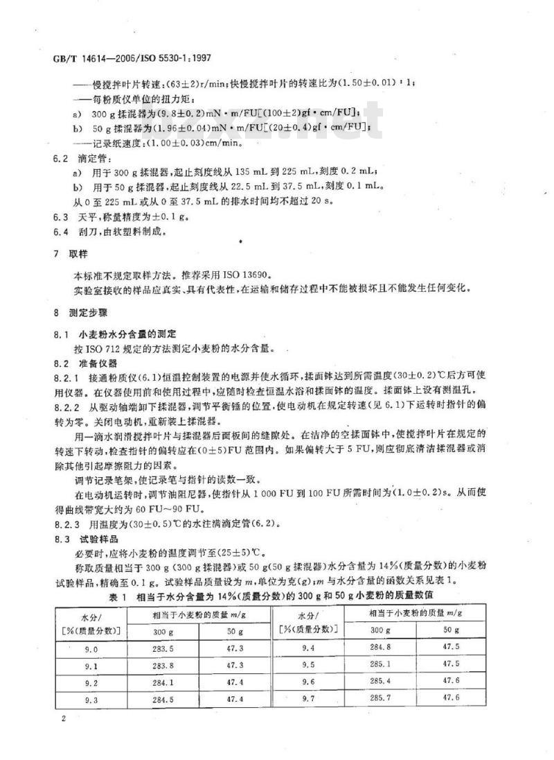 GB/T 14614-2006 小麦粉 面团的物理特性 吸水量和流变学特性的测定 粉质仪法