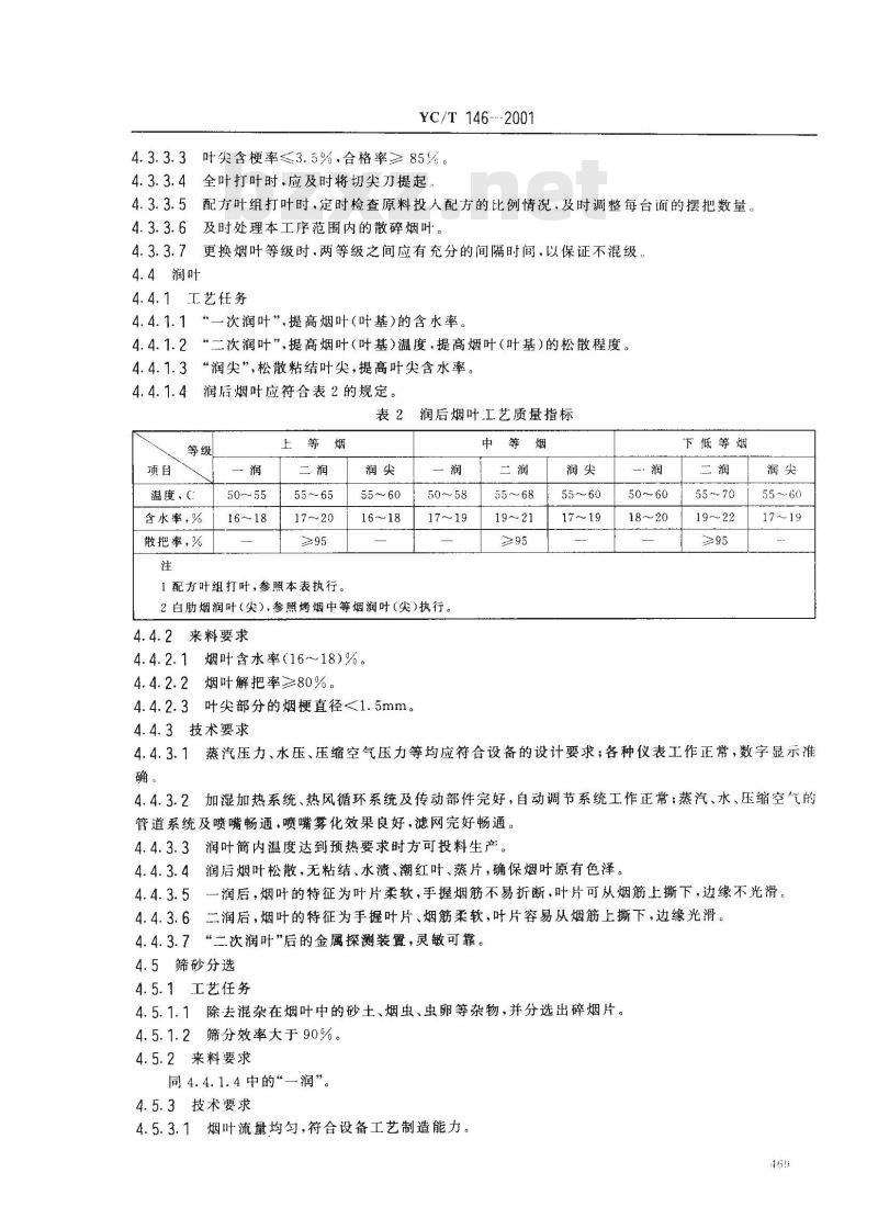 YC/T 146-2001 烟叶 打叶复烤 工艺规范