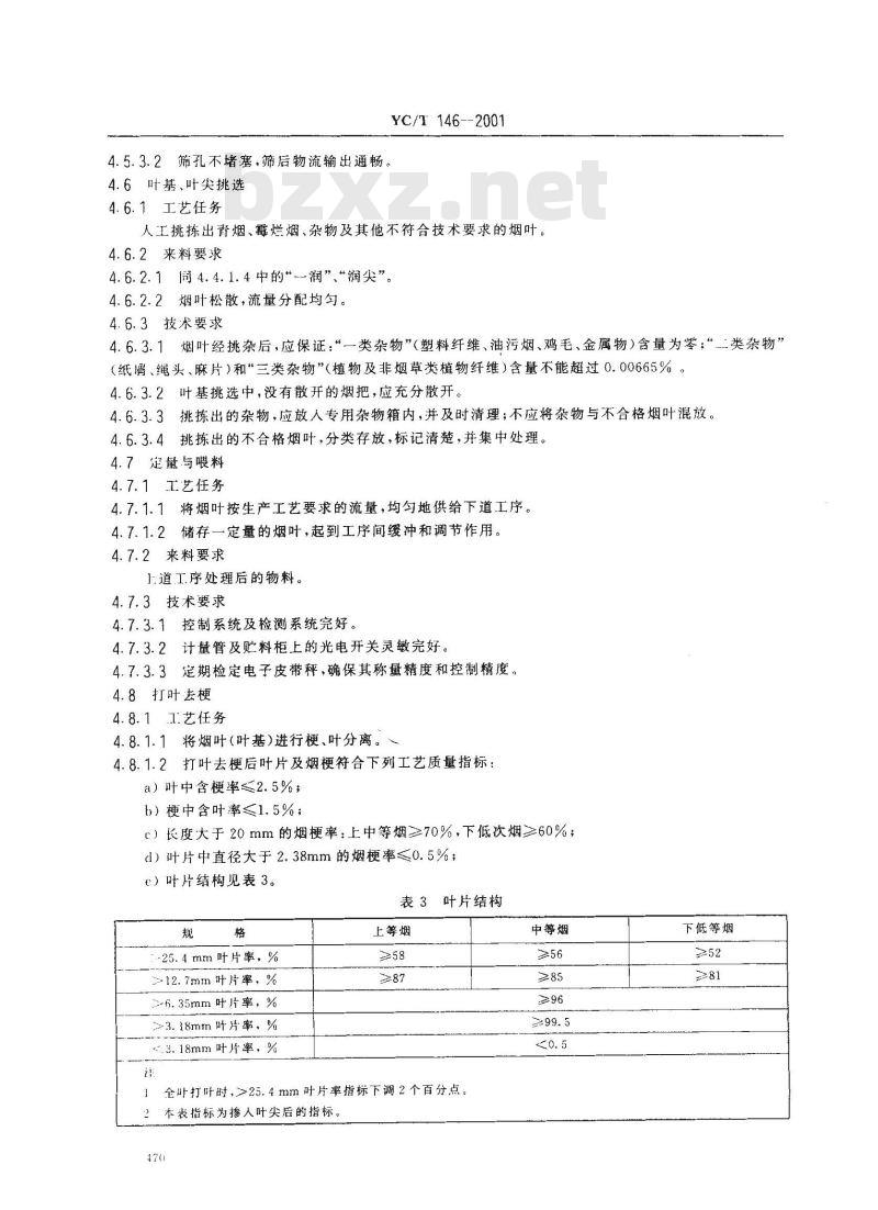 YC/T 146-2001 烟叶 打叶复烤 工艺规范