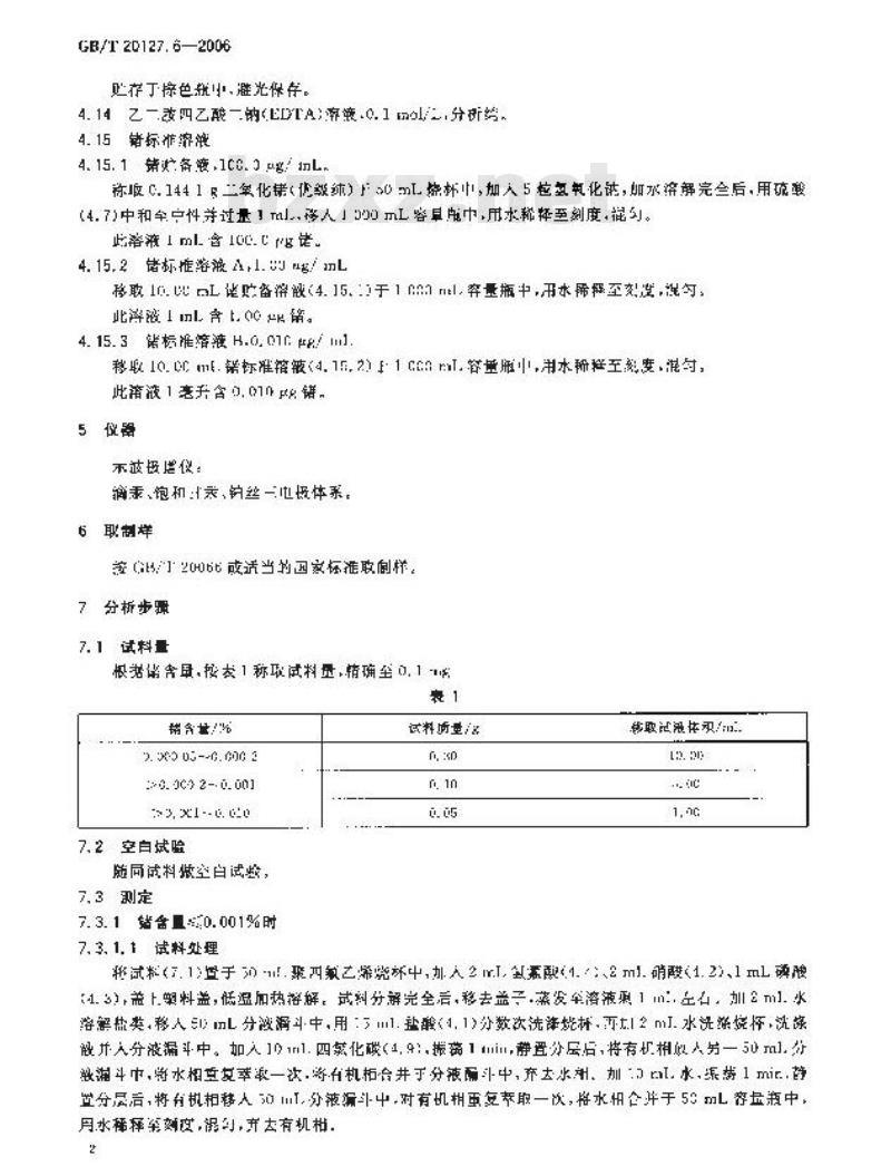 GB/T 20127.6-2006 钢铁及合金 痕量素的测定 第6部分：没食子酸-示波极谱法测定锗含量