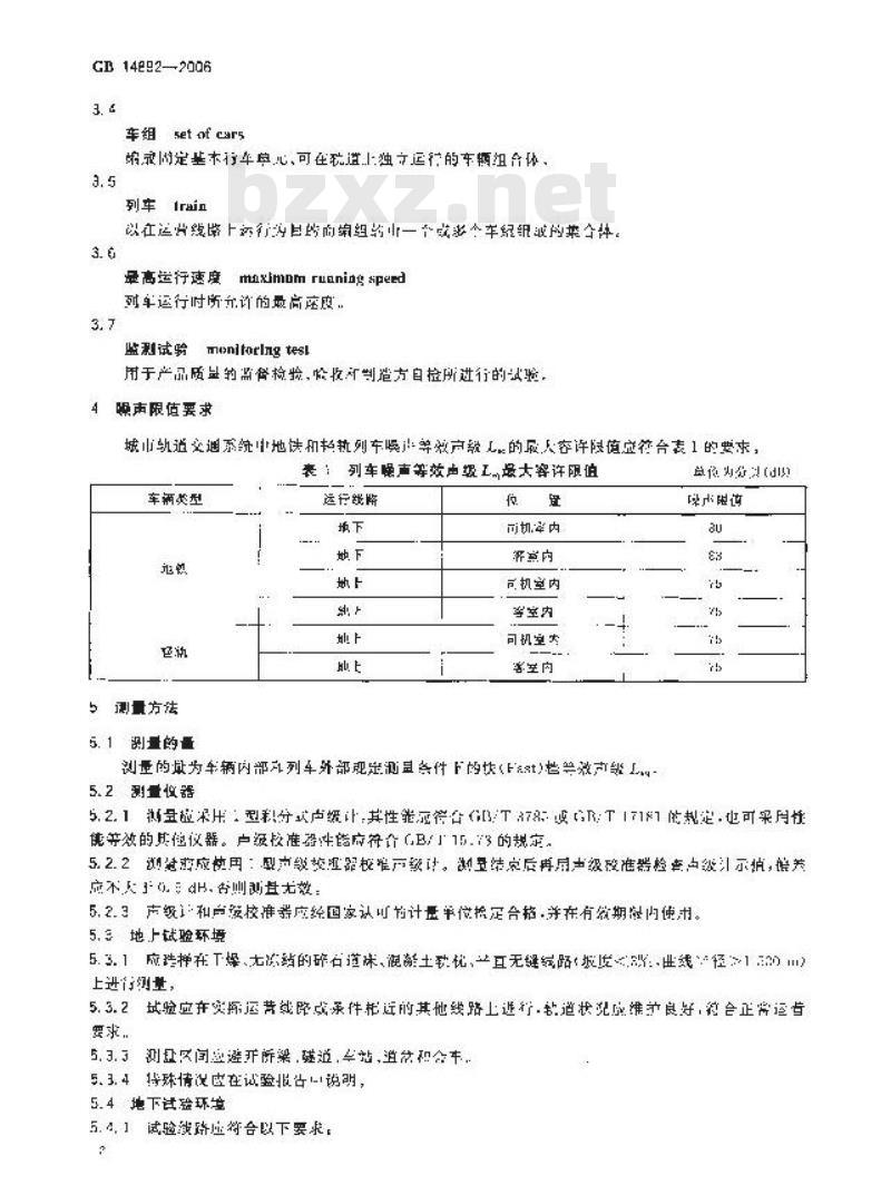 GB 14892-2006 城市轨道交通列车噪声限值和测量方法