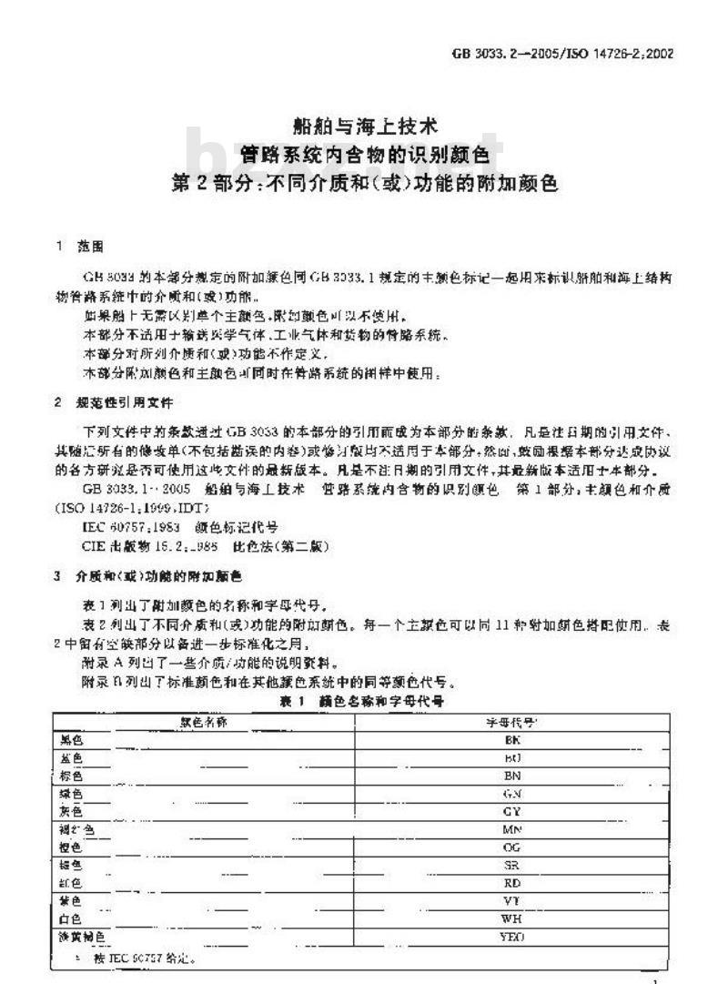 GB 3033.2-2005 船舶与海上技术 管路系统内含物的识别颜色 第2部分：不同介质和(或)功能的附加颜色