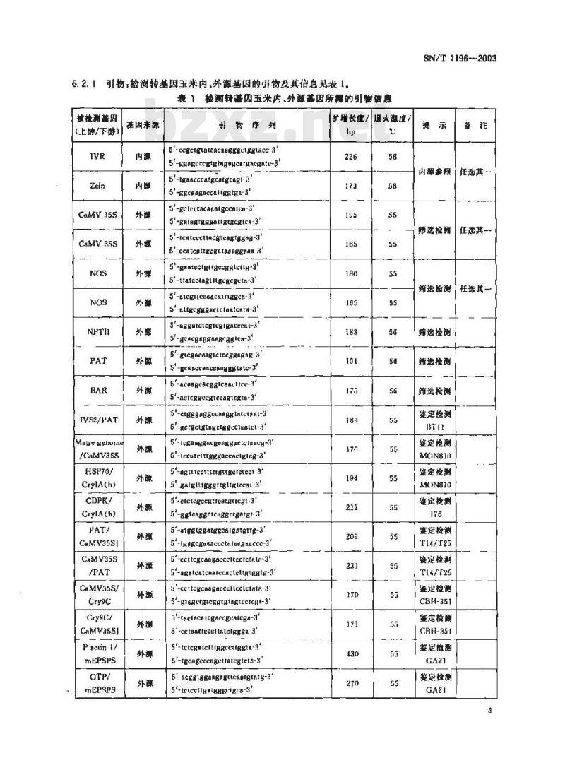 SN/T 1196-2003 玉米中转基因成分定性PCR检测方法