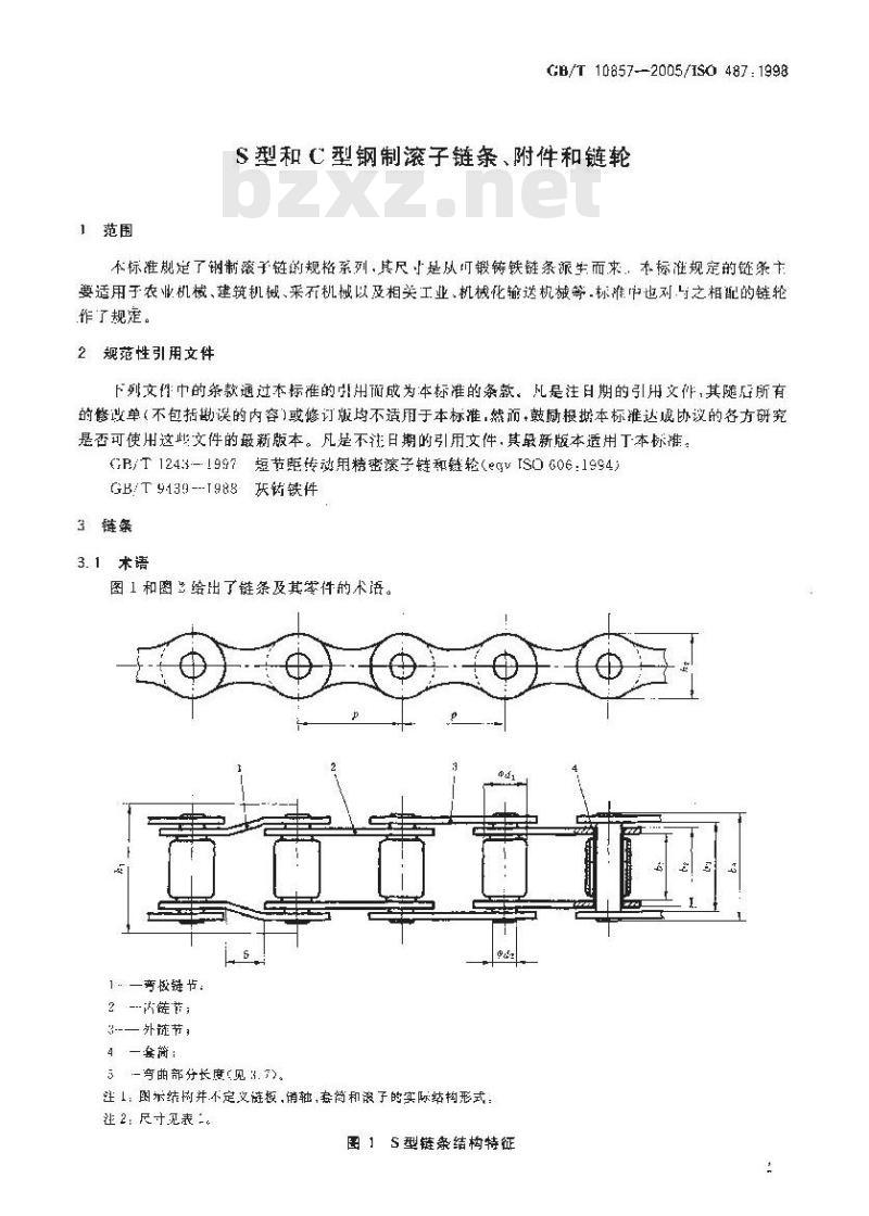 GB/T 10857-2005 S型和C型钢制滚子链条，附件和链轮