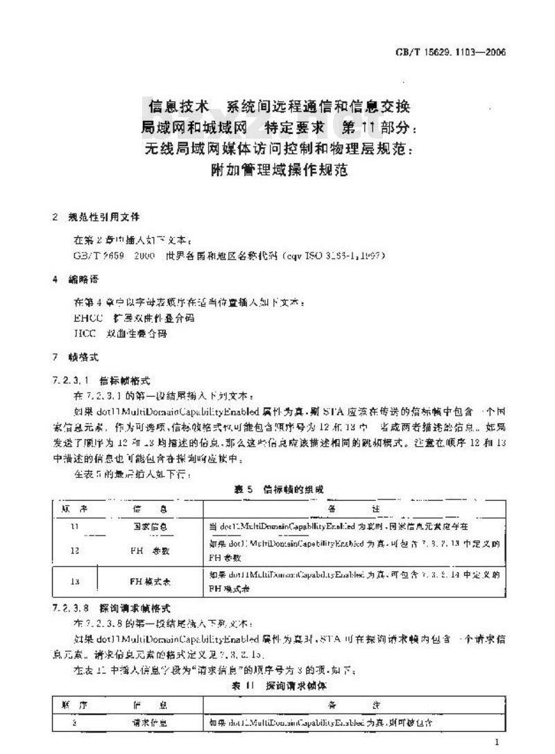 GB/T 15629.1103-2006 信息技术 系统间远程通信和信息交换 局域网和城域网 特定要求 第11部分：无线局域网媒体访问控制和物理层规范：附加管理域操作规范