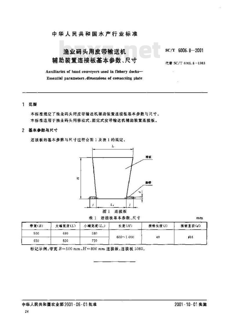 SC/T 6006.8-2001 渔业码头用皮带输送机 辅助装置连接板基本参数、尺寸