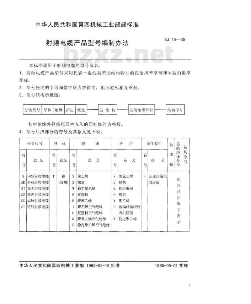 SJ 45-1965 射频电缆产品型号编制办法