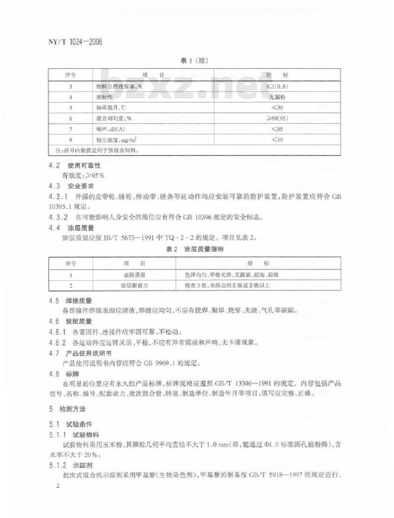 NY/T 1024-2006 饲料混合机质量评价技术规范