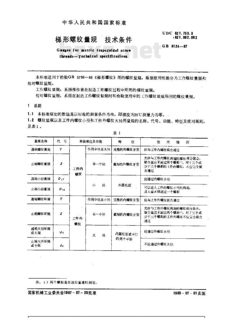 GB/T 8124-1987 梯形螺纹量规 技术条件