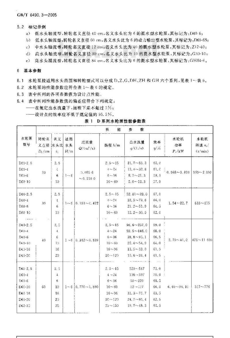 GB/T 6490.3-2005 水轮泵型式与基本参数