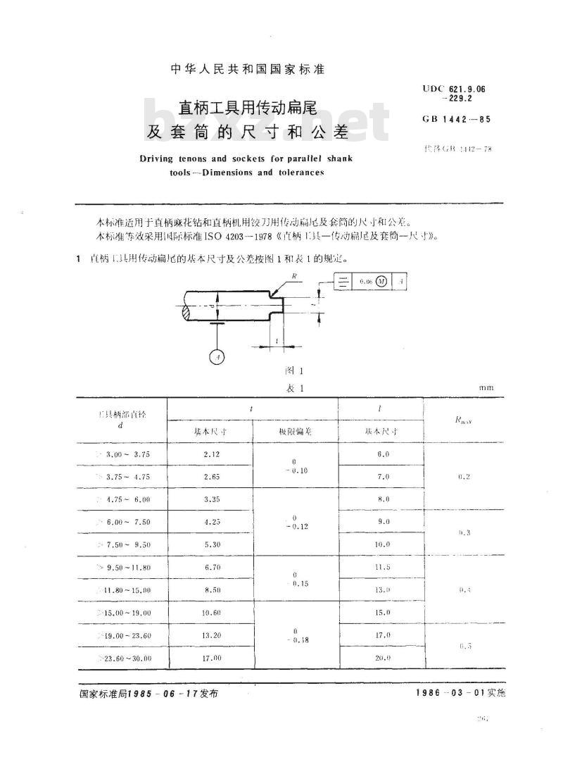 GB/T 1442-1985 直柄工具用传动扁尾及套筒的尺寸和公差