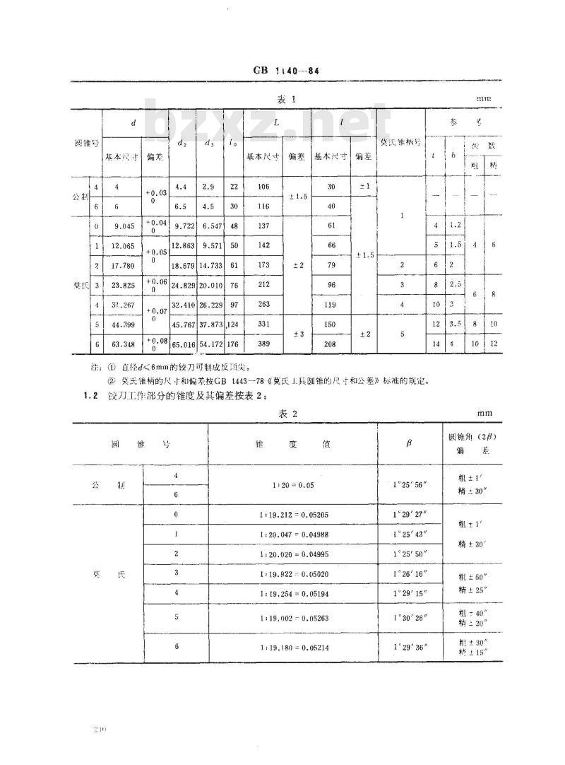 GB/T 1140-1984 锥柄莫氏圆锥和公制圆锥铰刀