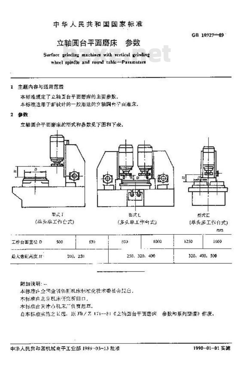 GB/T 10927-1989 立轴圆台平面磨床 参数