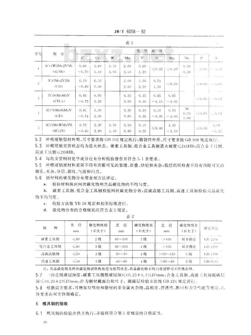 JB/T 6058-1992 冲模用钢及其热处理 技术条件