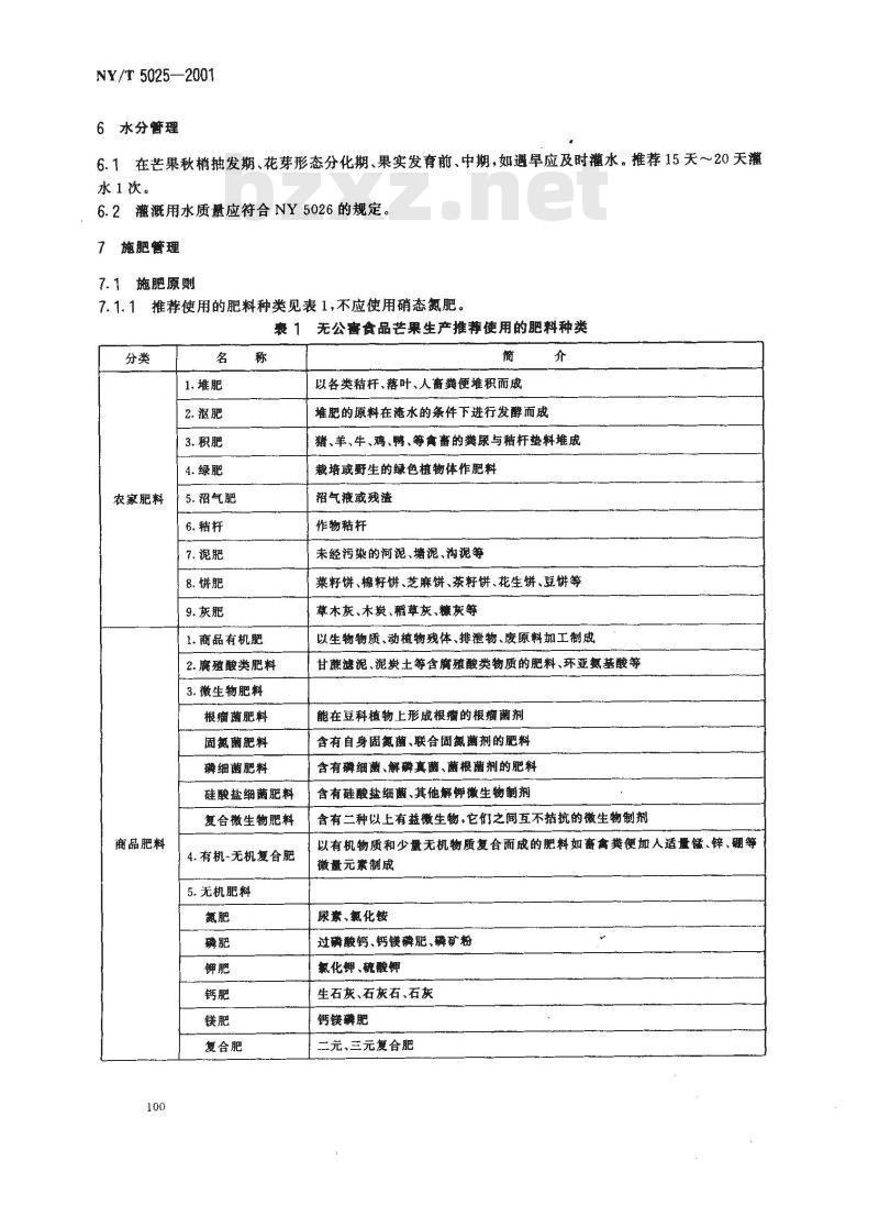 NY/T 5025-2001 无公害食品 芒果生产技术规程