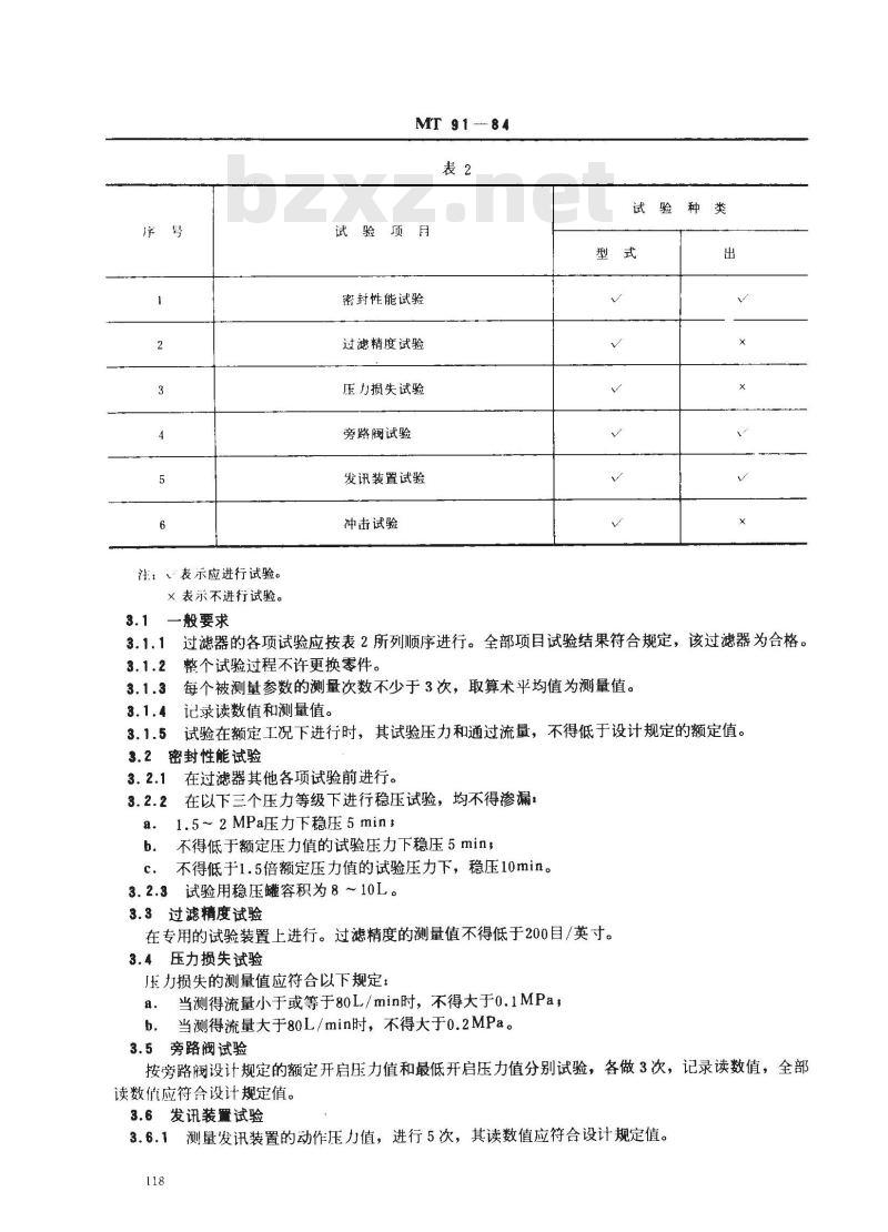 MT 91-1984 煤矿乳化液泵站用高压过滤器试验规范