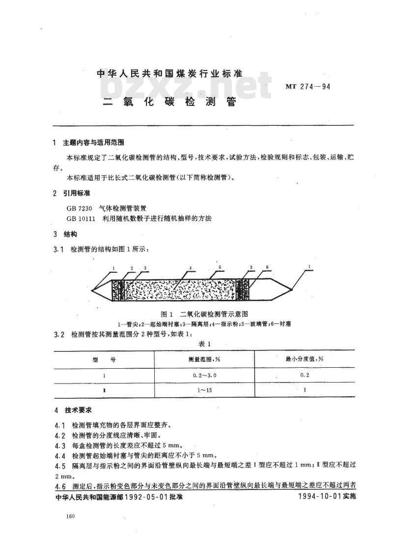 MT 274-1994 二氧化碳检测管