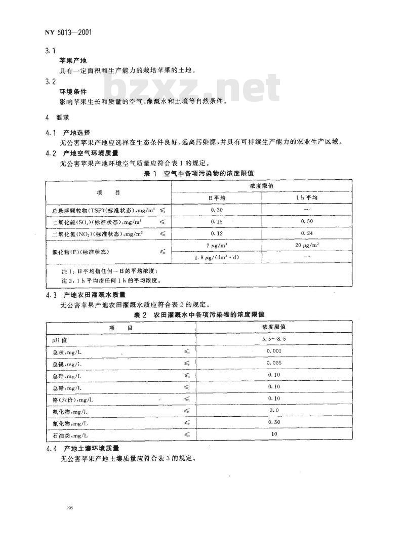 NY 5013-2001 无公害食品 苹果产地环境条件