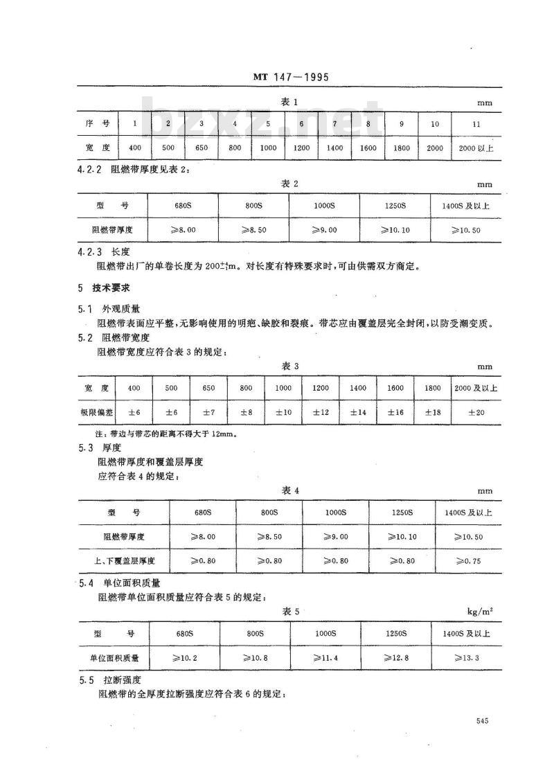 MT 147-1995 煤矿用阻燃抗静电织物整芯输送带