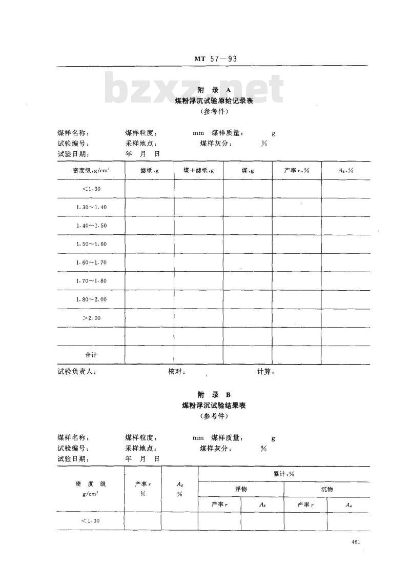 MT 57-1993 煤粉浮沉试验方法