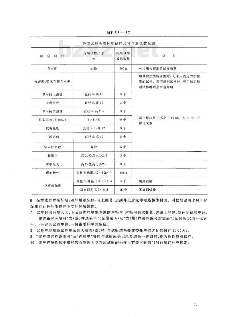 MT 38-1987 煤和岩石物理力学性质测定的采样一般规定