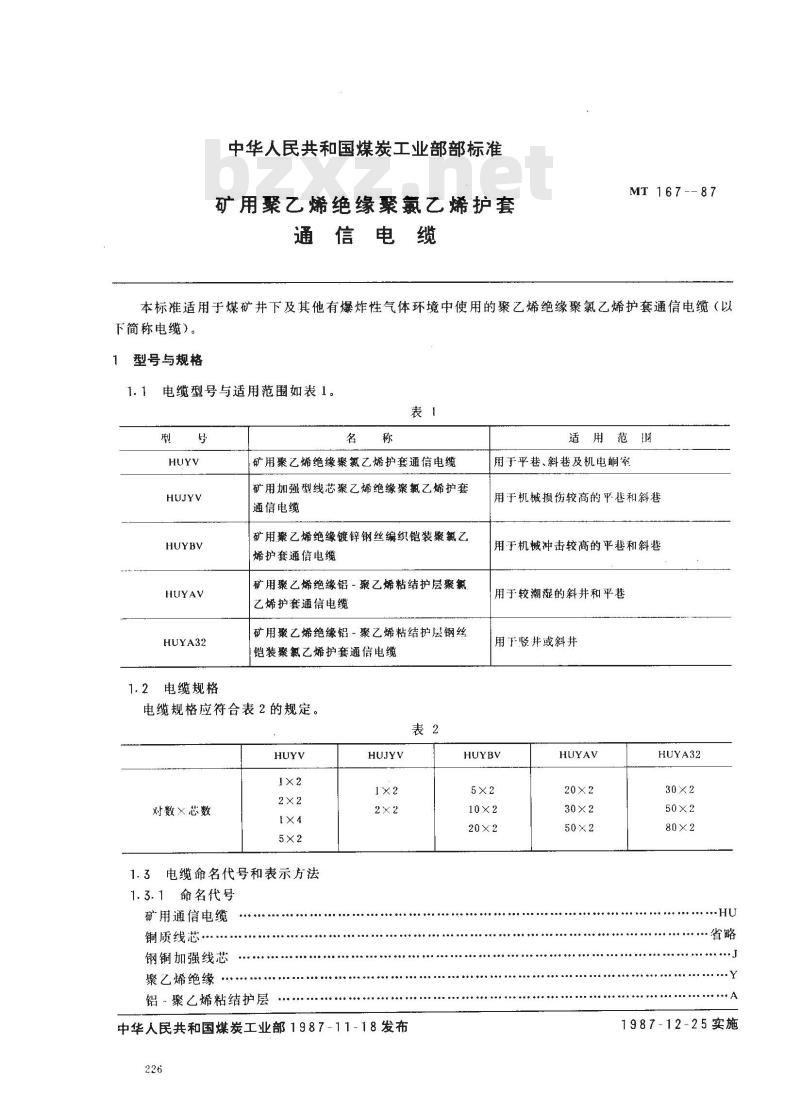 MT 167-1987 矿用聚乙烯绝缘氯乙烯护套通信电缆