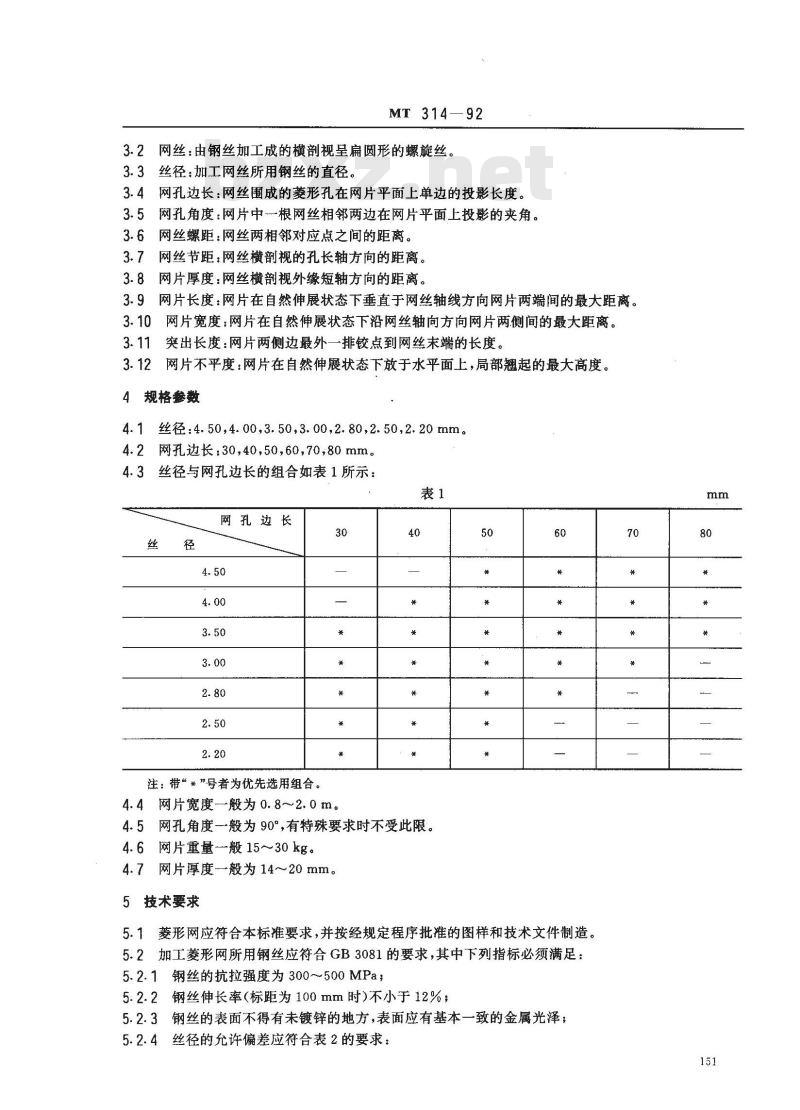 MT 314-1992 煤矿假顶用菱形金属网
