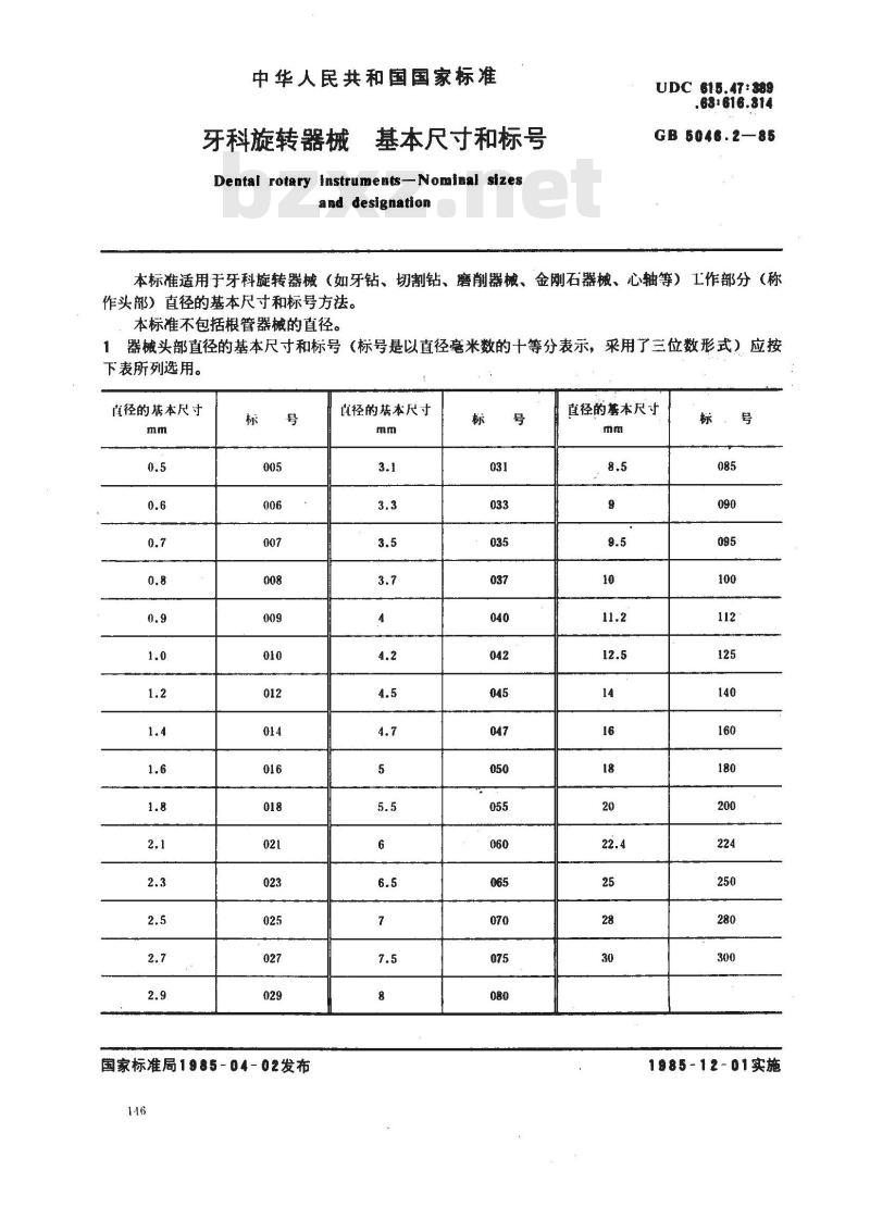 GB 5046.2-1985 牙科旋转器械 基本尺寸和标号