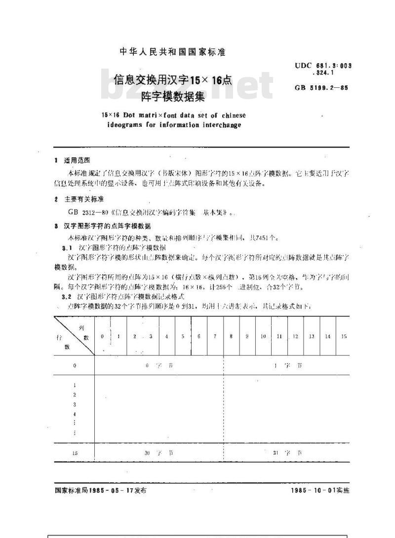 GB/T 5199.2-1985 信息交换用汉字15×16点阵字模数据集
