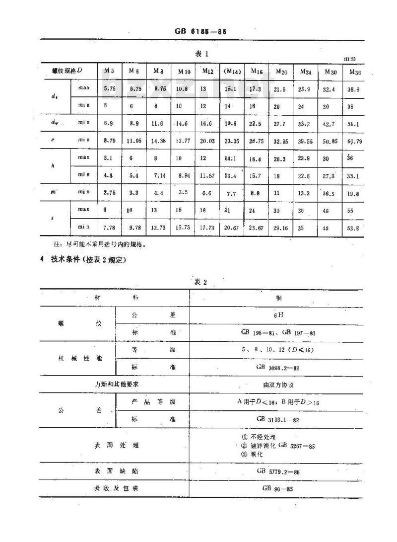 GB/T 6185-1986 2型全金属六角锁紧螺母 5、8、10和12级