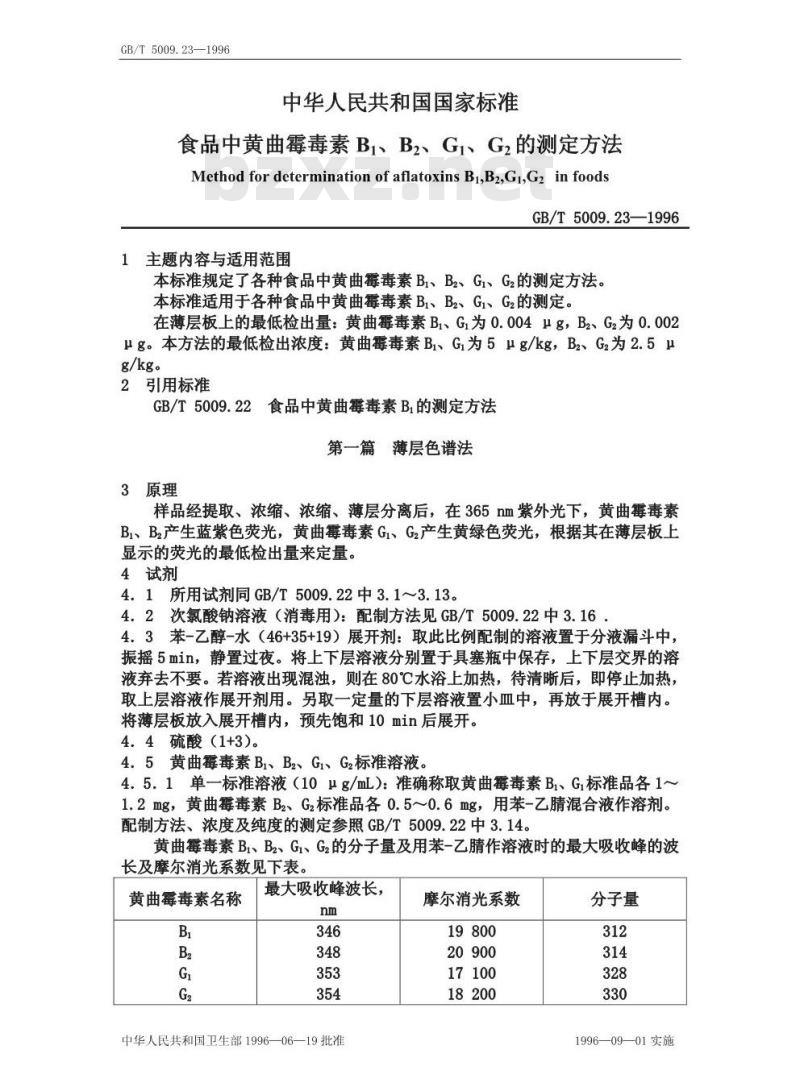 GB/T 5009.23-1996 食品中黄曲霉毒素B1、B2、G1、G2的测定方法