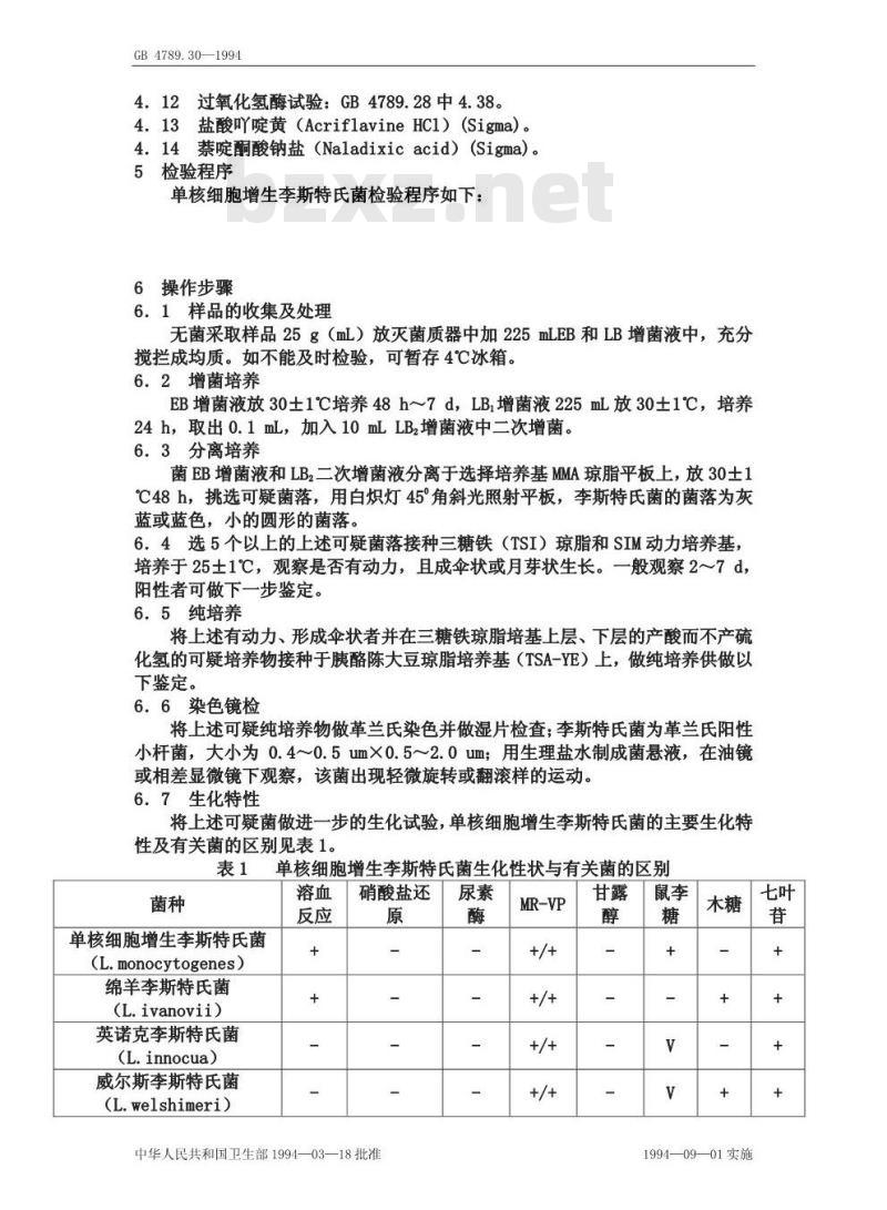 GB/T 4789.30-1994 食品卫生微生物学检验 单核细胞增生李斯特氏菌检验