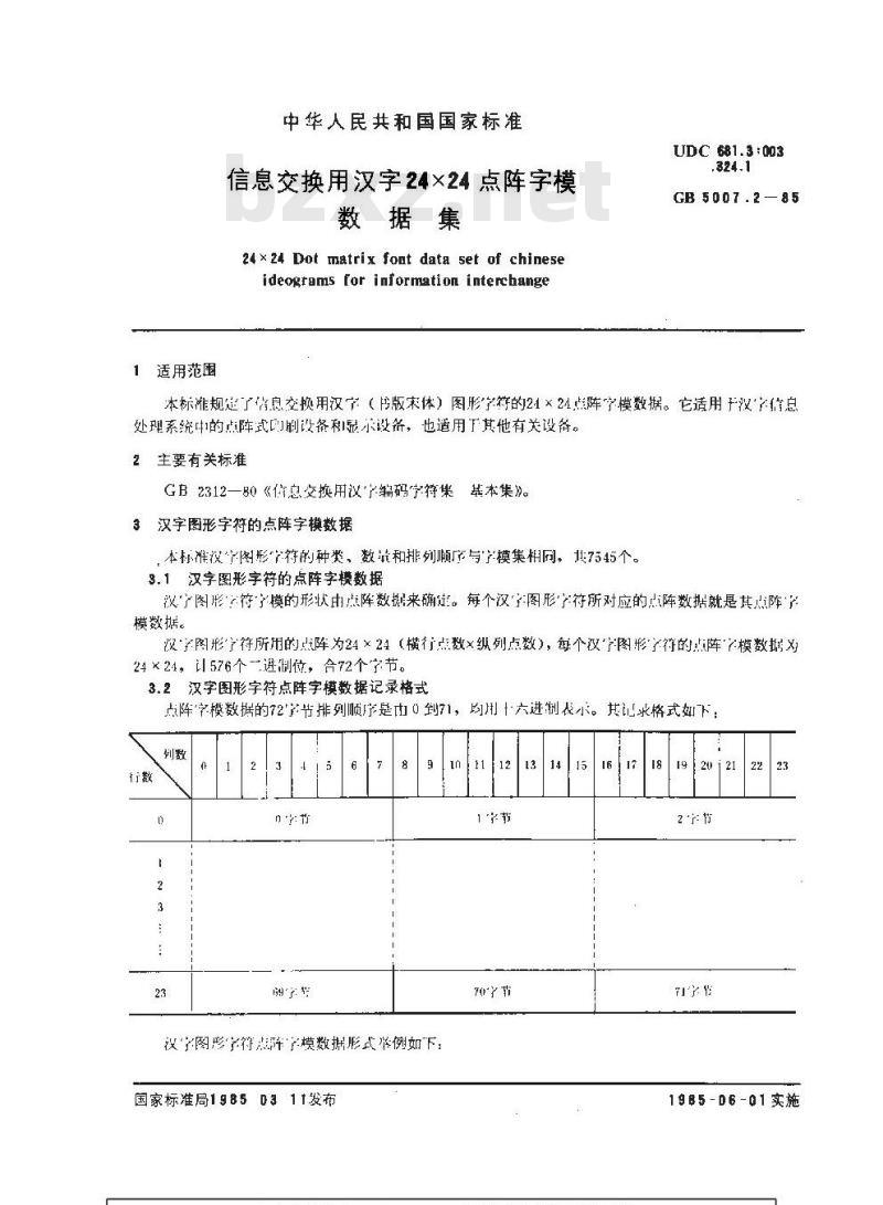 GB/T 5007.2-1985 信息交换用汉字24×24点阵字模数据集