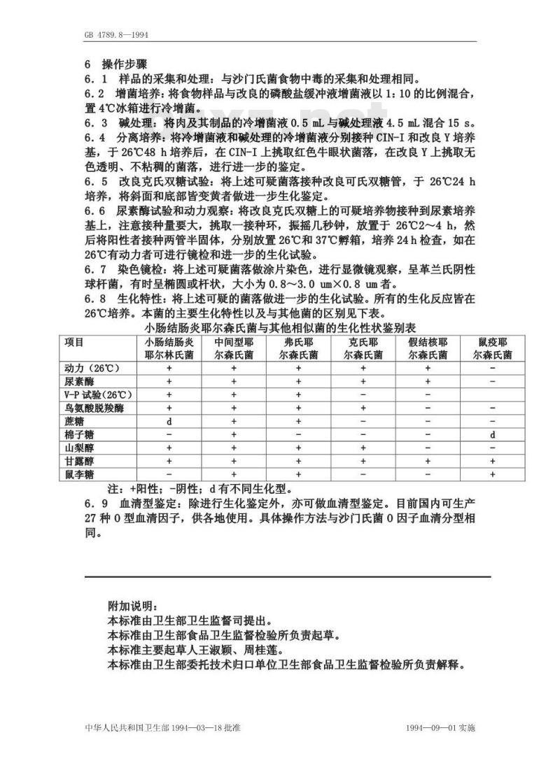 GB/T 4789.8-1994 食品卫生微生物学检验 小肠结肠炎耶尔森氏菌检验