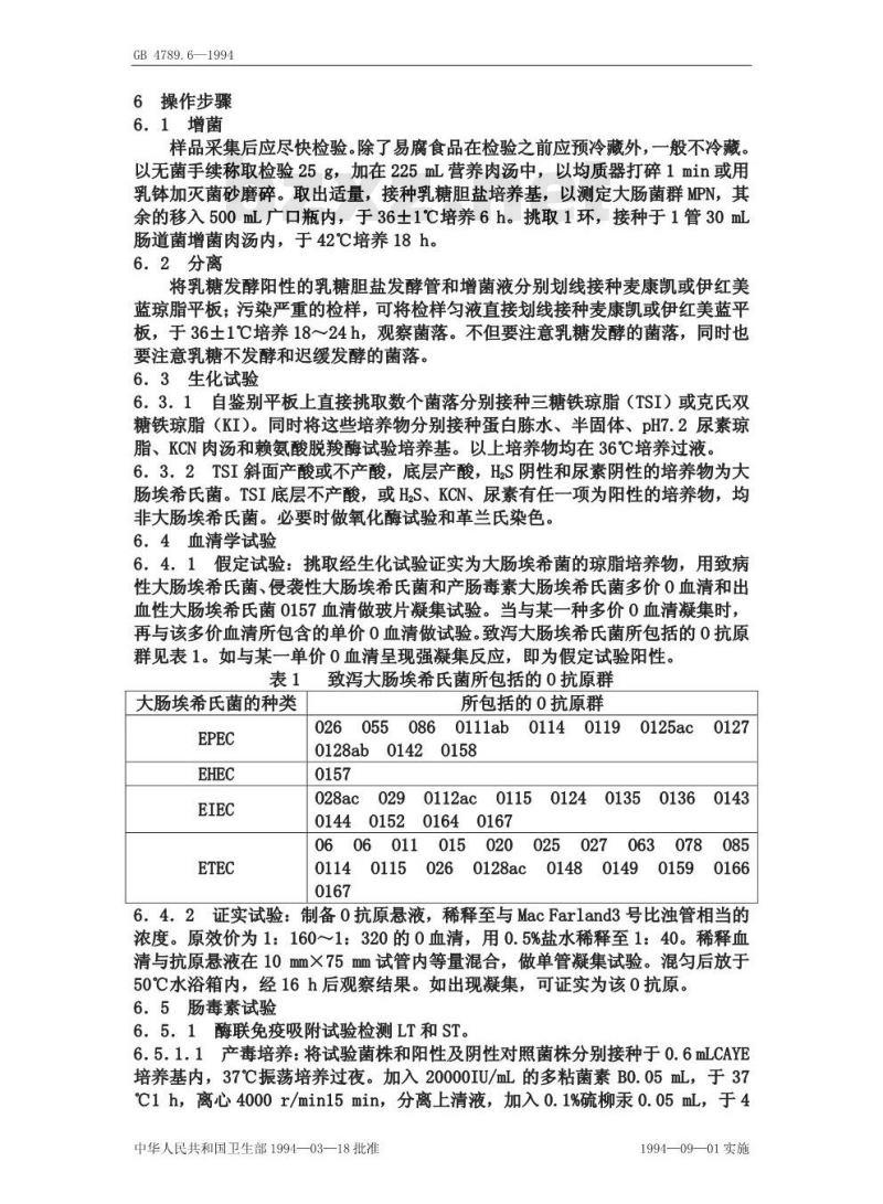 GB 4789.6-1994 食品卫生微生物学检验致泻大肠埃希氏菌检验